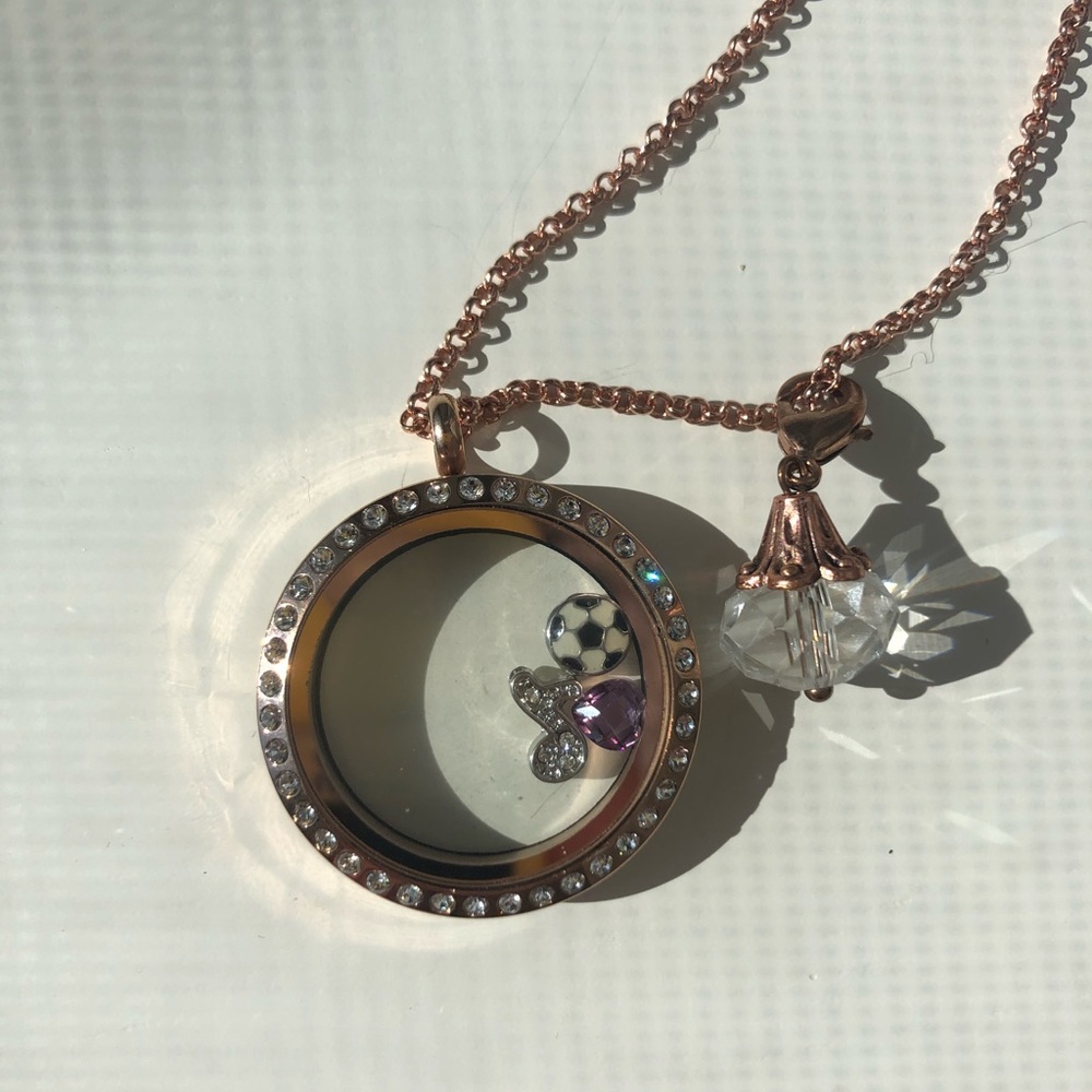 Rose gold Origami Owl necklace and charms